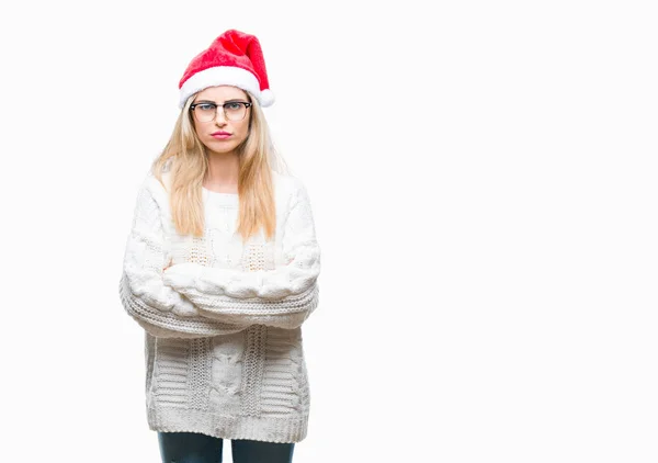 Joven Mujer Rubia Hermosa Con Sombrero Navidad Sobre Fondo Aislado —  Fotos de Stock