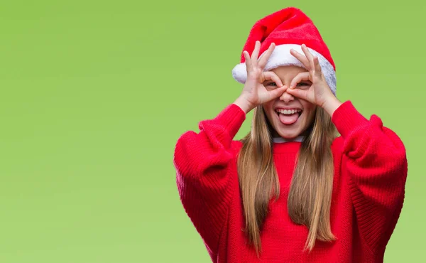 Mooi Meisje Dragen Kerstmuts Geïsoleerde Achtergrond Doen Gebaar Als Verrekijker — Stockfoto