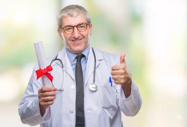 Handsome Senior Doctor Man Holding Degree Paper Isolated Background Happy — Stock Photo, Image