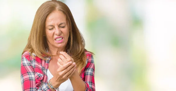 Hermosa Mujer Mediana Edad Que Lleva Sobre Fondo Aislado Sufrimiento — Foto de Stock