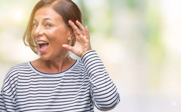 Middle Age Senior Hispanic Woman Isolated Background Smiling Hand Ear — Stock Photo, Image