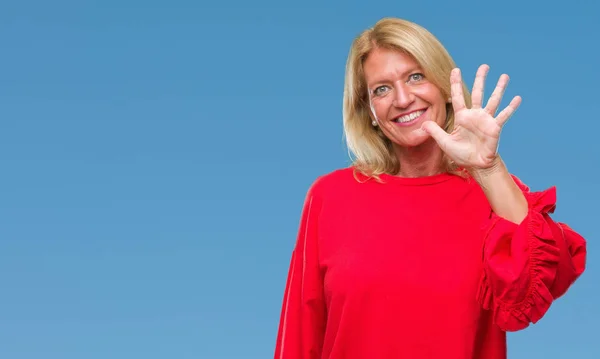 Middle Age Blonde Woman Isolated Background Showing Pointing Fingers Number — Stock Photo, Image