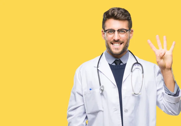 Jovem Bonito Médico Homem Sobre Isolado Fundo Mostrando Apontando Para — Fotografia de Stock