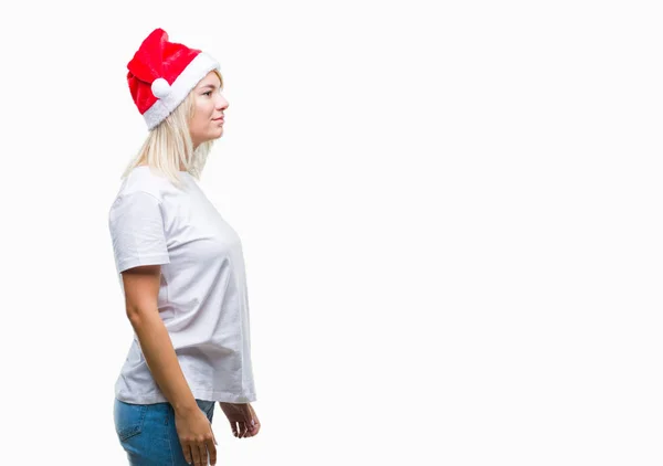 Jeune Belle Femme Blonde Portant Chapeau Noël Sur Fond Isolé — Photo