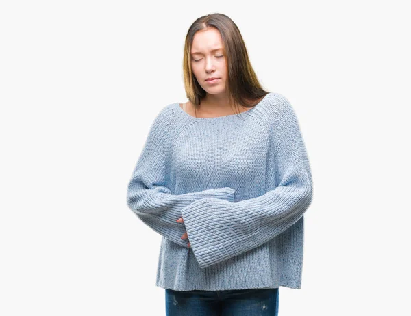 Young Beautiful Caucasian Woman Wearing Winter Sweater Isolated Background Hand — Stock Photo, Image