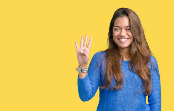 Jovem Bela Mulher Morena Vestindo Camisola Azul Sobre Fundo Isolado — Fotografia de Stock