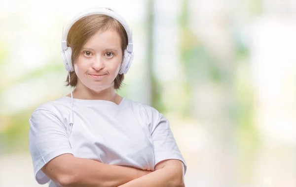 Junge Erwachsene Frau Mit Syndrom Kopfhörer Über Isoliertem Hintergrund Fröhliches — Stockfoto