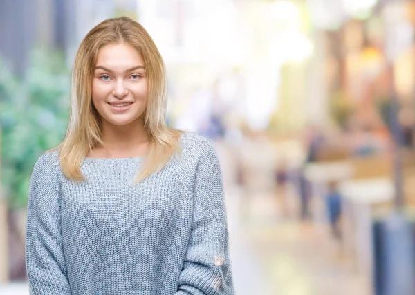 Jonge Kaukasische Vrouw Winter Trui Dragen Geïsoleerde Achtergrond Met Een — Stockfoto