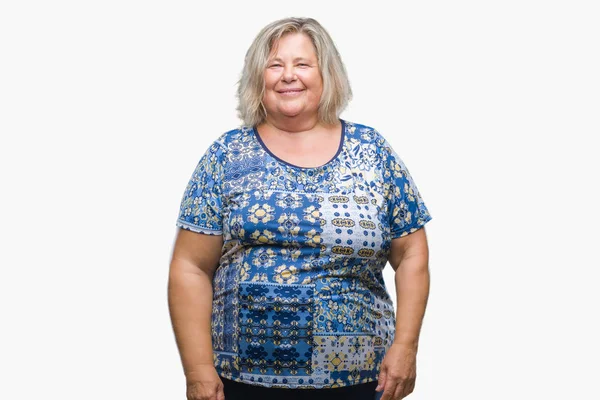 Senior Size Mulher Caucasiana Sobre Fundo Isolado Com Sorriso Feliz — Fotografia de Stock