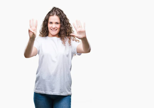 Schöne Brünette Lockige Haare Junges Mädchen Trägt Lässiges Shirt Über — Stockfoto