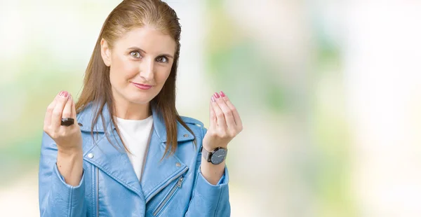 Hermosa Mujer Madura Mediana Edad Con Chaqueta Cuero Moda Sobre — Foto de Stock