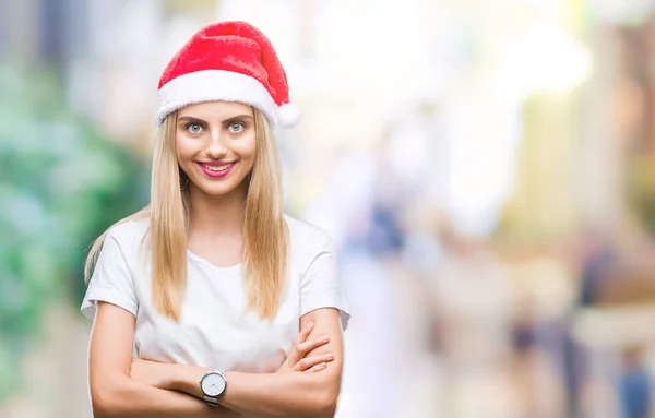 Jovem Linda Mulher Loira Chapéu Natal Sobre Fundo Isolado Rosto — Fotografia de Stock