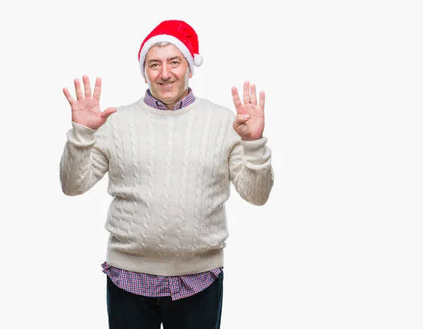 Bell Uomo Anziano Che Indossa Cappello Natale Sfondo Isolato Mostrando — Foto Stock