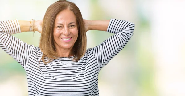 Beautiful Middle Age Woman Wearing Stripes Sweater Isolated Background Relaxing — Stock Photo, Image