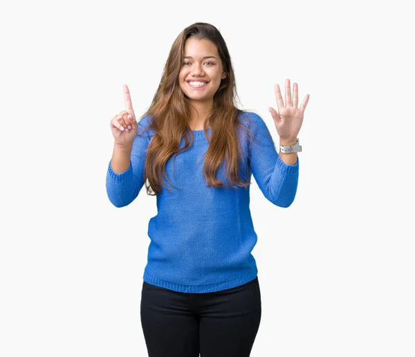 Jonge Mooie Brunette Vrouw Blauwe Trui Dragen Geïsoleerde Achtergrond Weergeven — Stockfoto