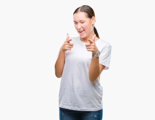 Молодая Красивая Белая Женщина Изолированном Фоне Указывает Пальцем Камеру Счастливым — стоковое фото