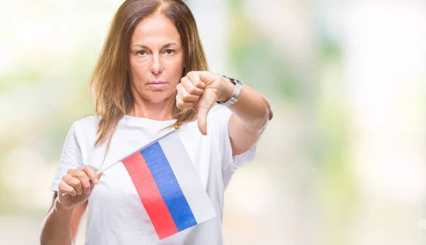 Middelbare Leeftijd Spaanse Vrouw Houdt Van Vlag Van Rusland Geïsoleerde — Stockfoto