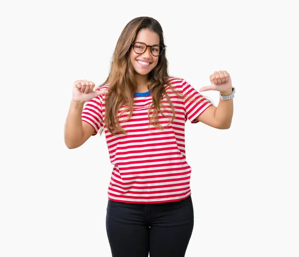 Young Beautiful Brunette Woman Wearing Glasses Stripes Shirt Isolated Background — Stock Photo, Image