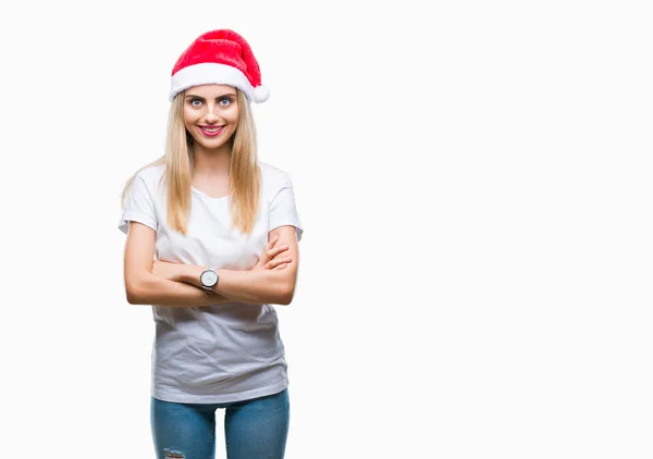 Jovem Linda Mulher Loira Chapéu Natal Sobre Fundo Isolado Rosto — Fotografia de Stock