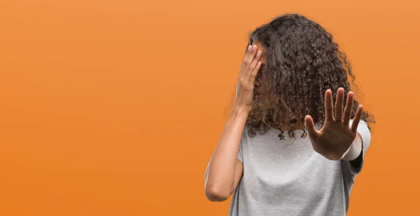 Beautiful Young Hispanic Woman Wearing Glasses Covering Eyes Hands Doing — Stock Photo, Image