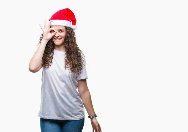 Giovane Ragazza Bruna Indossa Cappello Natale Sfondo Isolato Facendo Gesto — Foto Stock