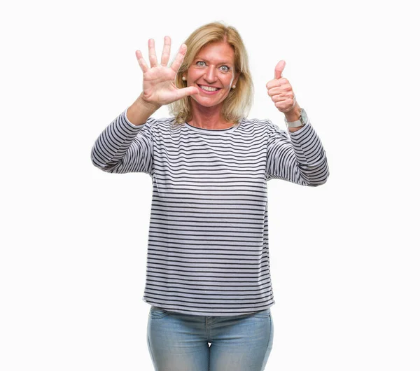 Middle Age Blonde Woman Isolated Background Showing Pointing Fingers Number — Stock Photo, Image