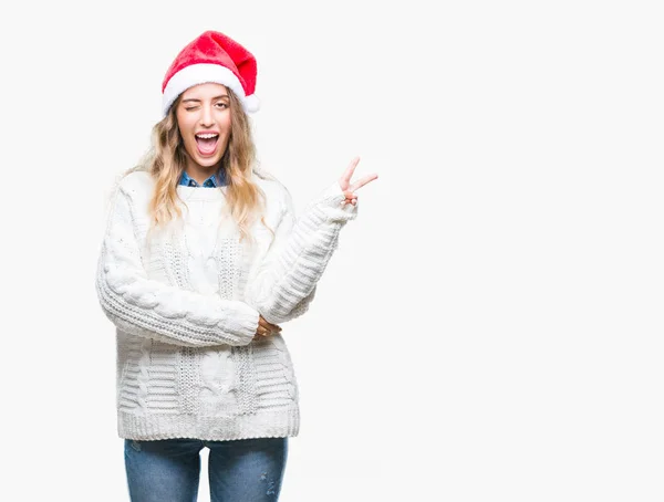 Bella Giovane Donna Bionda Che Indossa Cappello Natale Sfondo Isolato — Foto Stock