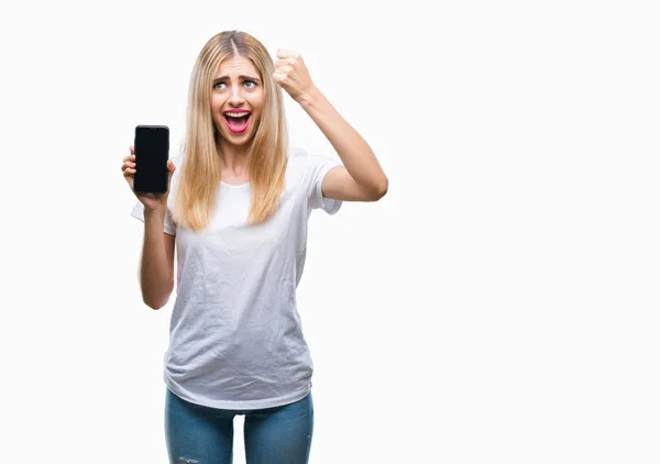Junge Schöne Blonde Frau Zeigt Smartphone Über Isolierten Hintergrund Genervt — Stockfoto