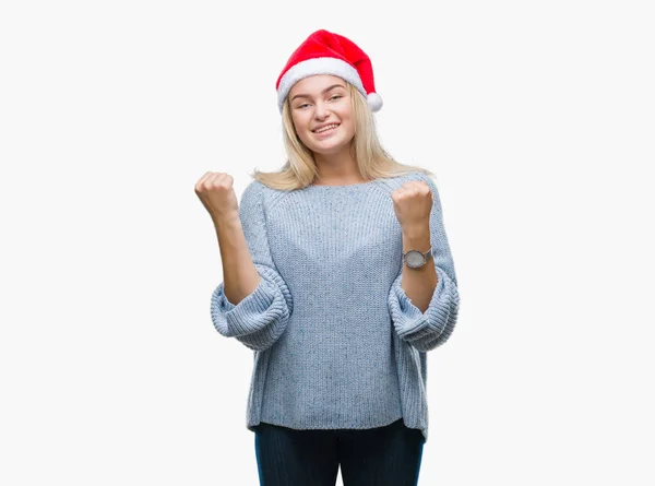 Mujer Caucásica Joven Con Sombrero Navidad Sobre Fondo Aislado Muy — Foto de Stock