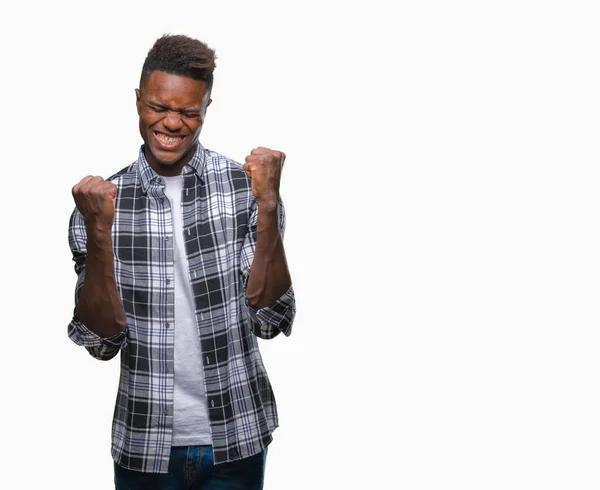 Hombre Afroamericano Joven Sobre Fondo Aislado Muy Feliz Emocionado Haciendo — Foto de Stock