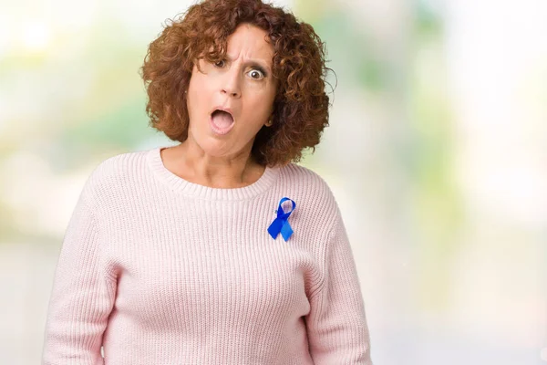 Middle Ager Senior Woman Wearing Changeable Blue Color Ribbon Awareness — Stock Photo, Image