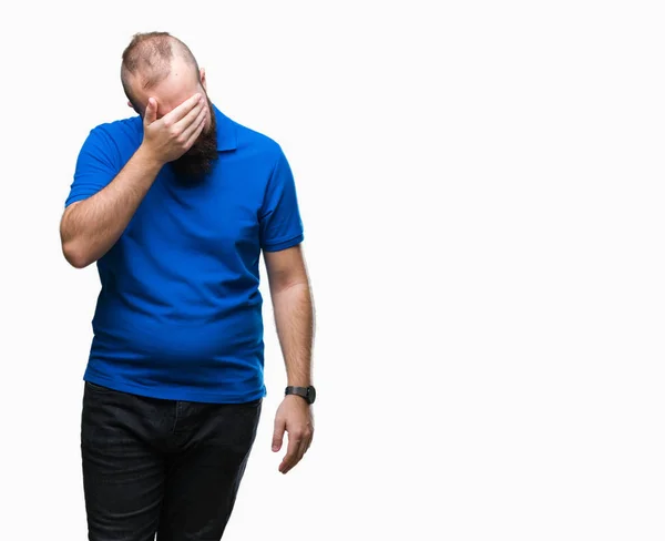 Joven Hombre Hipster Caucásico Con Camisa Azul Sobre Fondo Aislado —  Fotos de Stock