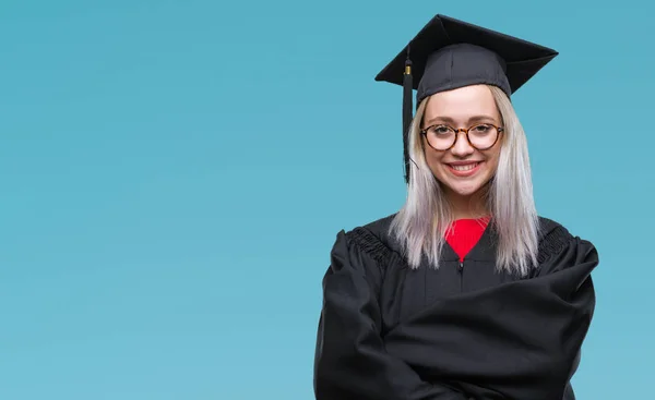 Mladá Blond Žena Nosí Postgraduální Uniforma Přes Samostatný Pozadí Šťastný — Stock fotografie