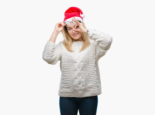 Giovane Donna Caucasica Indossa Cappello Natale Sfondo Isolato Facendo Gesto — Foto Stock