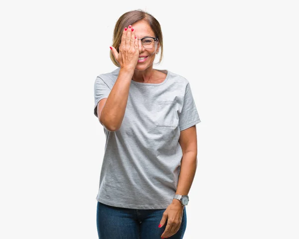 Středním Věku Vyššího Hispánský Žena Nosí Brýle Izolované Pozadí Zahrnující — Stock fotografie