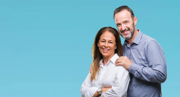 Casal Negócios Hispânico Meia Idade Sobre Fundo Isolado Rosto Feliz — Fotografia de Stock