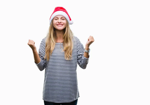 Joven Mujer Rubia Hermosa Con Sombrero Navidad Sobre Fondo Aislado — Foto de Stock