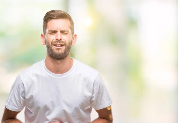 Homem Bonito Jovem Sobre Fundo Isolado Com Mão Estômago Porque — Fotografia de Stock