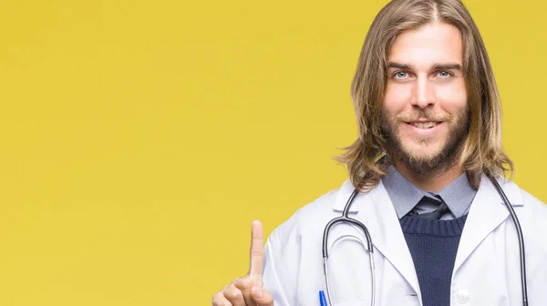 Young Handsome Doctor Man Long Hair Isolated Background Showing Pointing — Stock Photo, Image