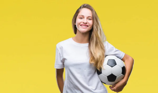Junge Schöne Blonde Frau Hält Fußball Über Isolierten Hintergrund Mit — Stockfoto