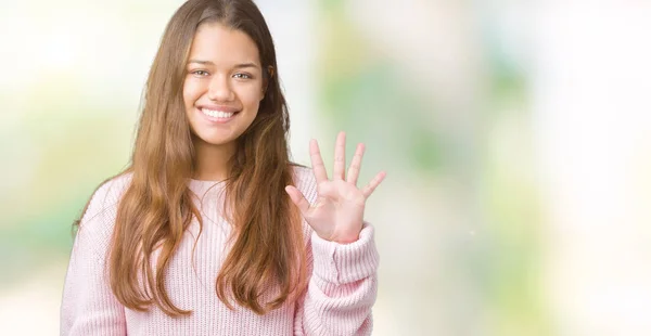 Giovane Bella Donna Bruna Che Indossa Maglione Invernale Rosa Sfondo — Foto Stock