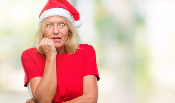 Donna Bionda Mezza Età Che Indossa Cappello Natale Sfondo Isolato — Foto Stock