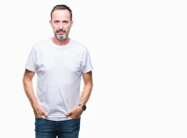 Hombre Mediana Edad Con Camiseta Blanca Sobre Fondo Aislado Con — Foto de Stock