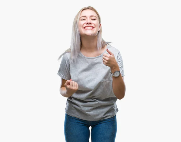 Mujer Rubia Joven Sobre Fondo Aislado Muy Feliz Emocionado Haciendo — Foto de Stock