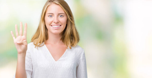Beautiful young elegant woman over isolated background showing and pointing up with fingers number four while smiling confident and happy.