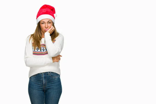 Volwassen Vrouw Van Middelbare Leeftijd Winter Trui Chrismat Hoed Dragen — Stockfoto