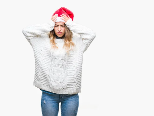 Красивая Молодая Блондинка Рождественской Шляпе Изолированном Фоне Страдает Головной Боли — стоковое фото
