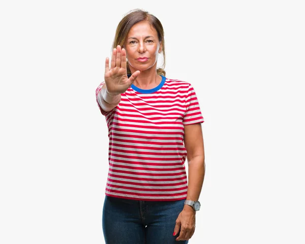 Middelbare Leeftijd Senior Latino Vrouw Geïsoleerde Achtergrond Stop Doen Zingen — Stockfoto