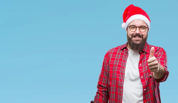 Jeune Homme Caucasien Portant Chapeau Noël Sur Fond Isolé Faisant — Photo