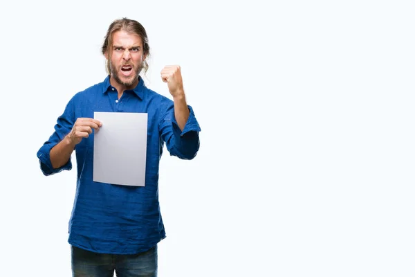 Young Handsome Man Long Hair Isolated Background Holding Blank Paper — Stock Photo, Image